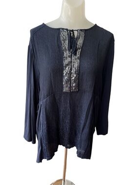 Chico's Navy Long-Sleeve Sequin-Trim Tunic size 1/medium